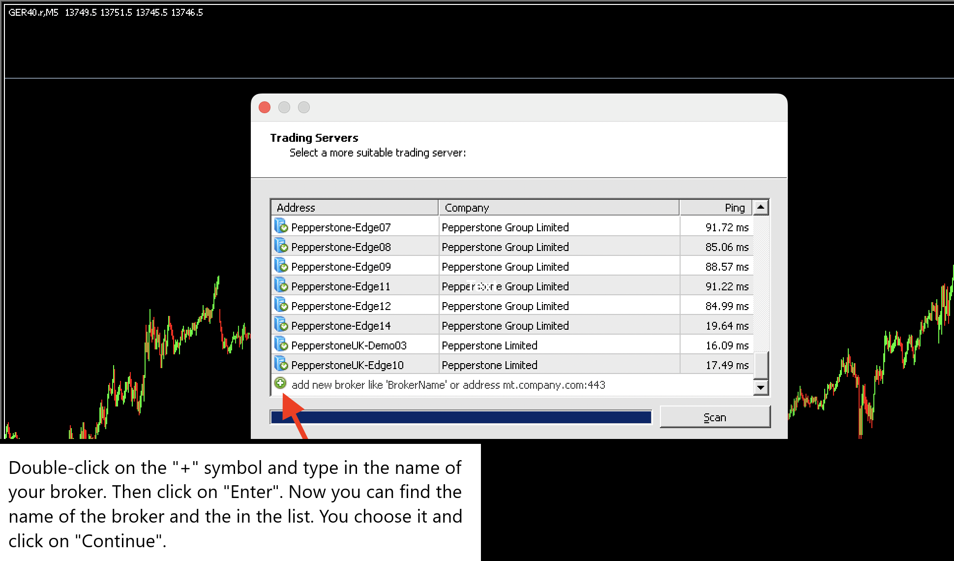 Choose trading server on the MetaTrader 4 on Apple MacOS