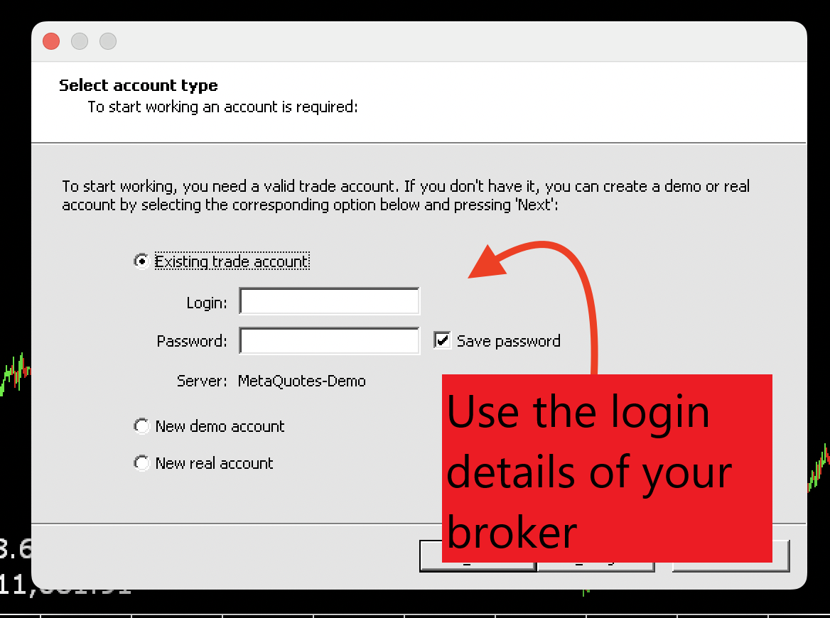 Login to the MetaTrader 4 on Apple MacOS